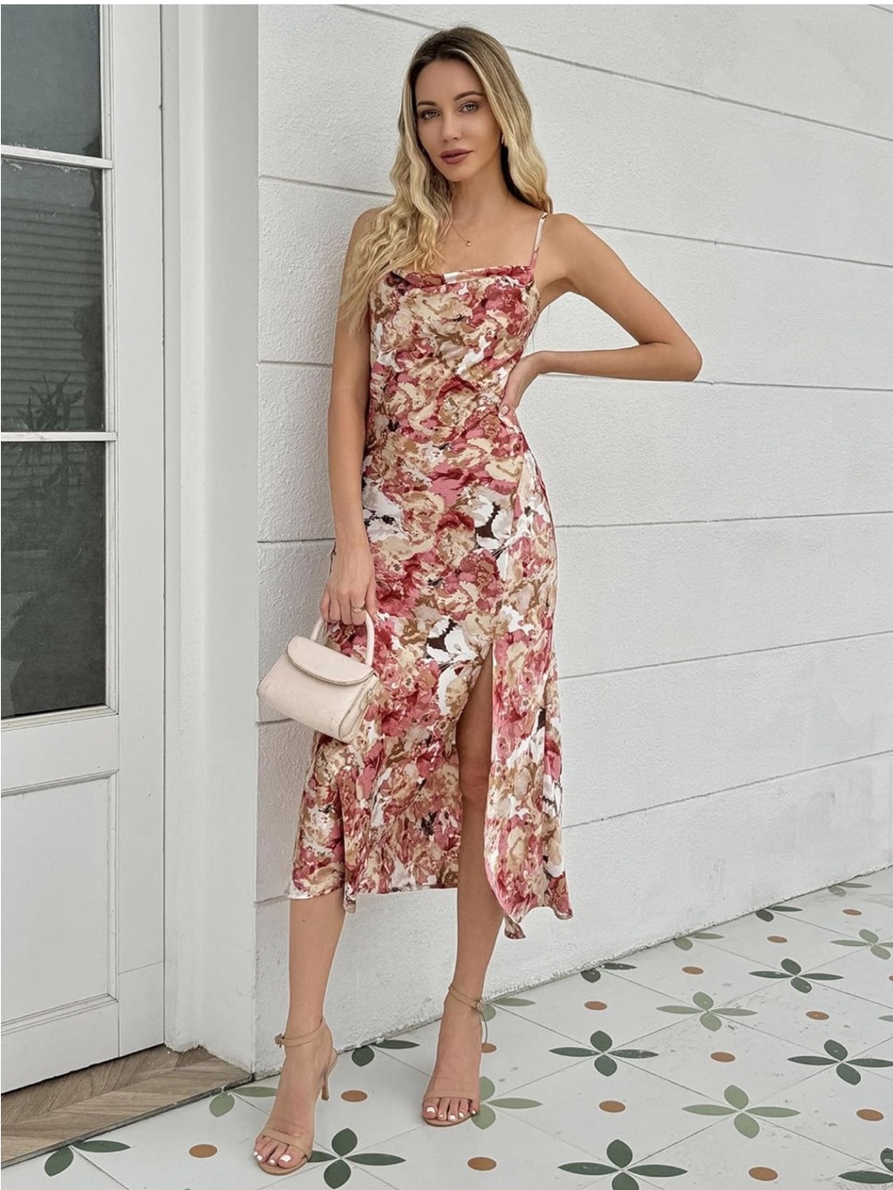 Floral Slip Midi Dress with Thigh Slit - Pink Floral